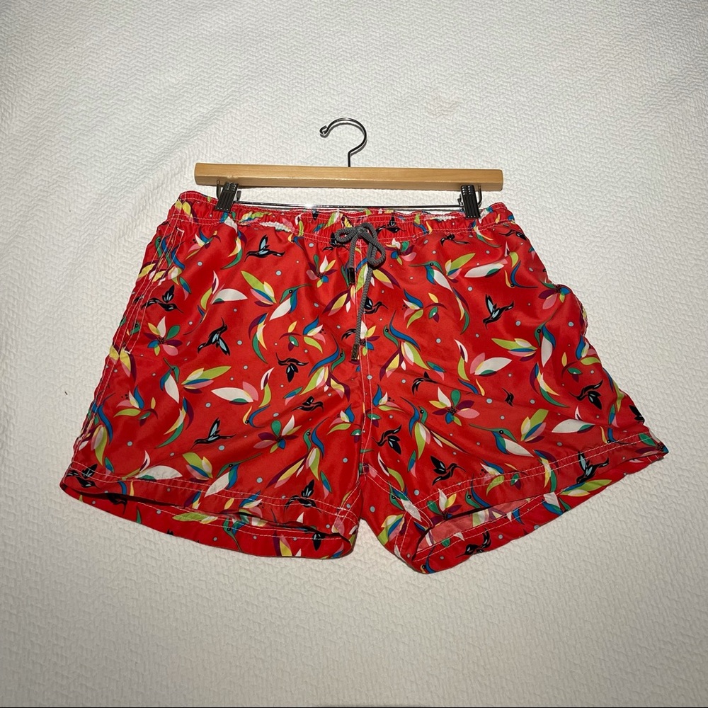 98 Coast Av. Mens Swimming Suit. Tropical design with humming birds and flowers